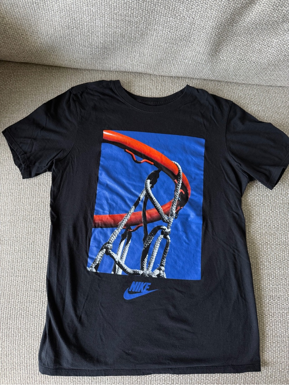 Nike Black Tee with Blue Rectangle & Orange Hoop Graphic